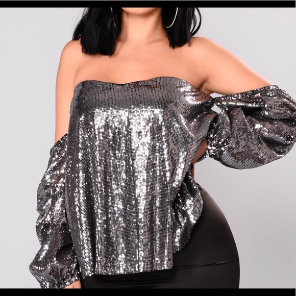 silver sequin off the shoulder top